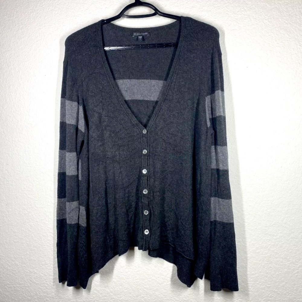 Eileen Fisher Cardigan Size L Gray Striped Italian Yarn Shark Bite Hem V Neck